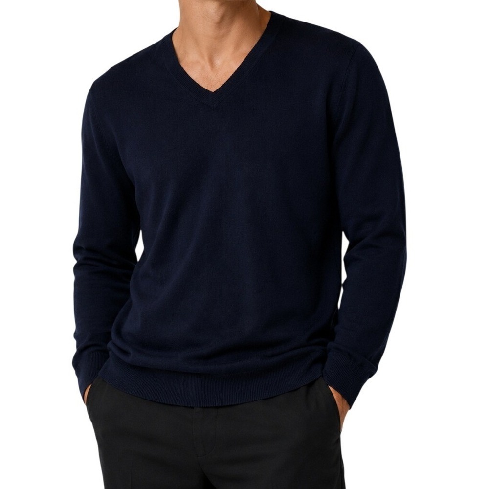 Kenneth Roberts‎ Navy Blue 100% Wool V-Neck Pullover Sweater Men's Large